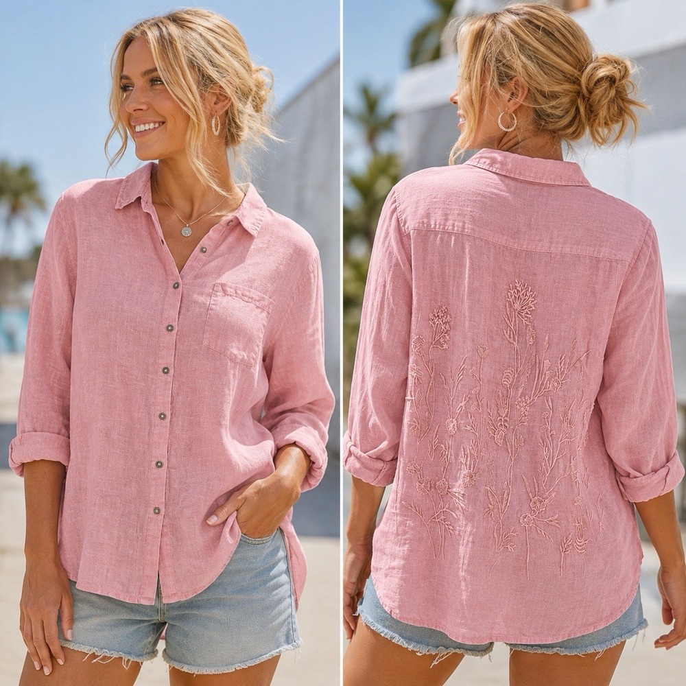 Coldwater Creek Floral Embroidered Women's 2X Pink 100% Linen Button Up Shirt